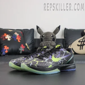 Nike Kobe 6 Protro ‘Coals’ pair side view featuring a black upper with green, purple and translucent outsole details