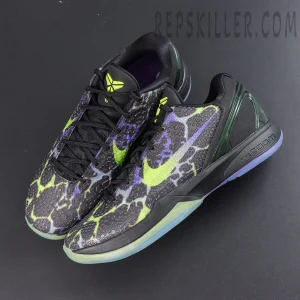 Nike Kobe 6 Protro ‘Coals’ top view featuring a low-top basketball silhouette with black laces and volt accents