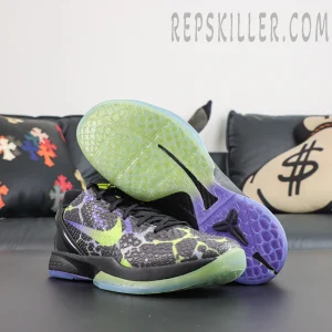 Nike Kobe 6 Protro ‘Coals’ outsole view featuring a translucent green sole with purple traction and support details