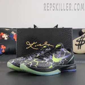 Nike Kobe 6 Protro ‘Coals’ product display featuring a black textured upper with green lightning graphics and purple accents