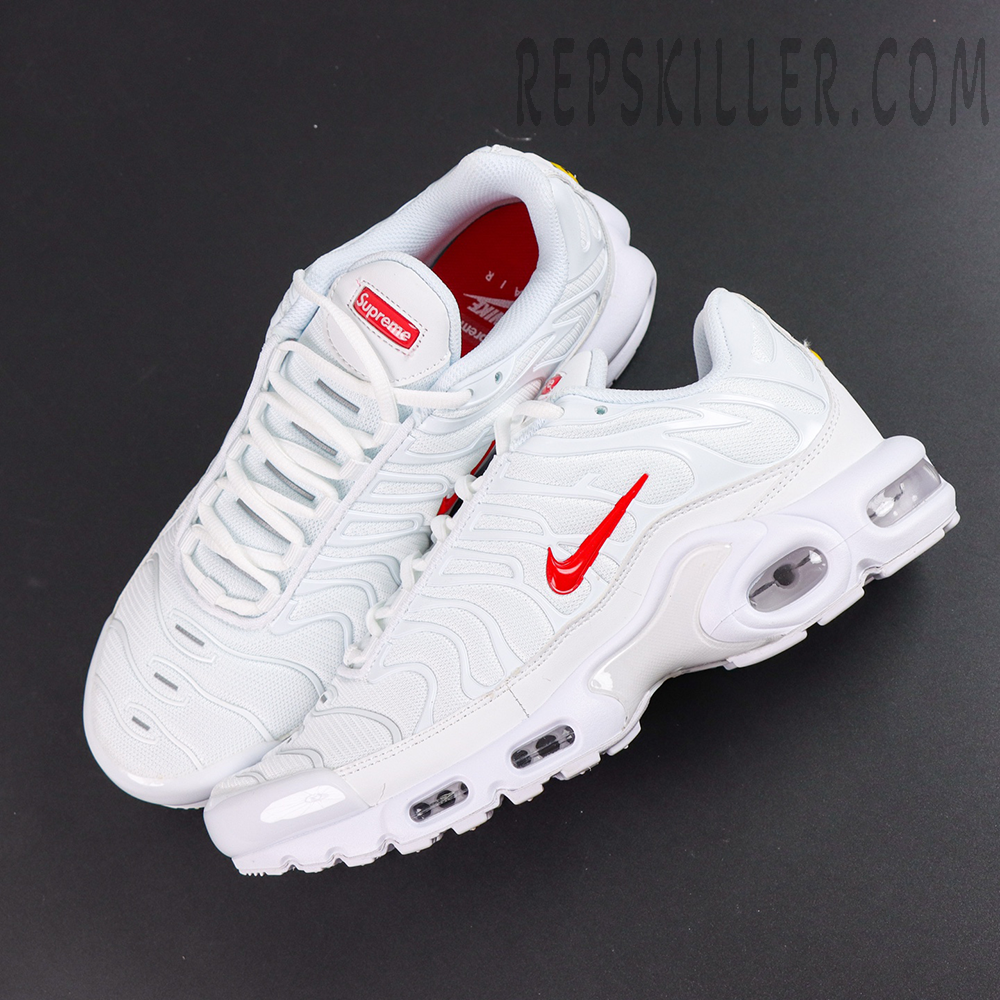 Supreme x Nike Air Max Plus TN ‘White’ top view featuring an all-white upper with red Supreme tongue labels and inner details
