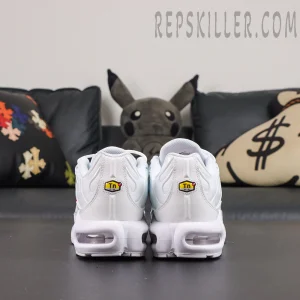 Supreme x Nike Air Max Plus TN ‘White’ rear view featuring a white heel design with classic Tuned Air branding elements