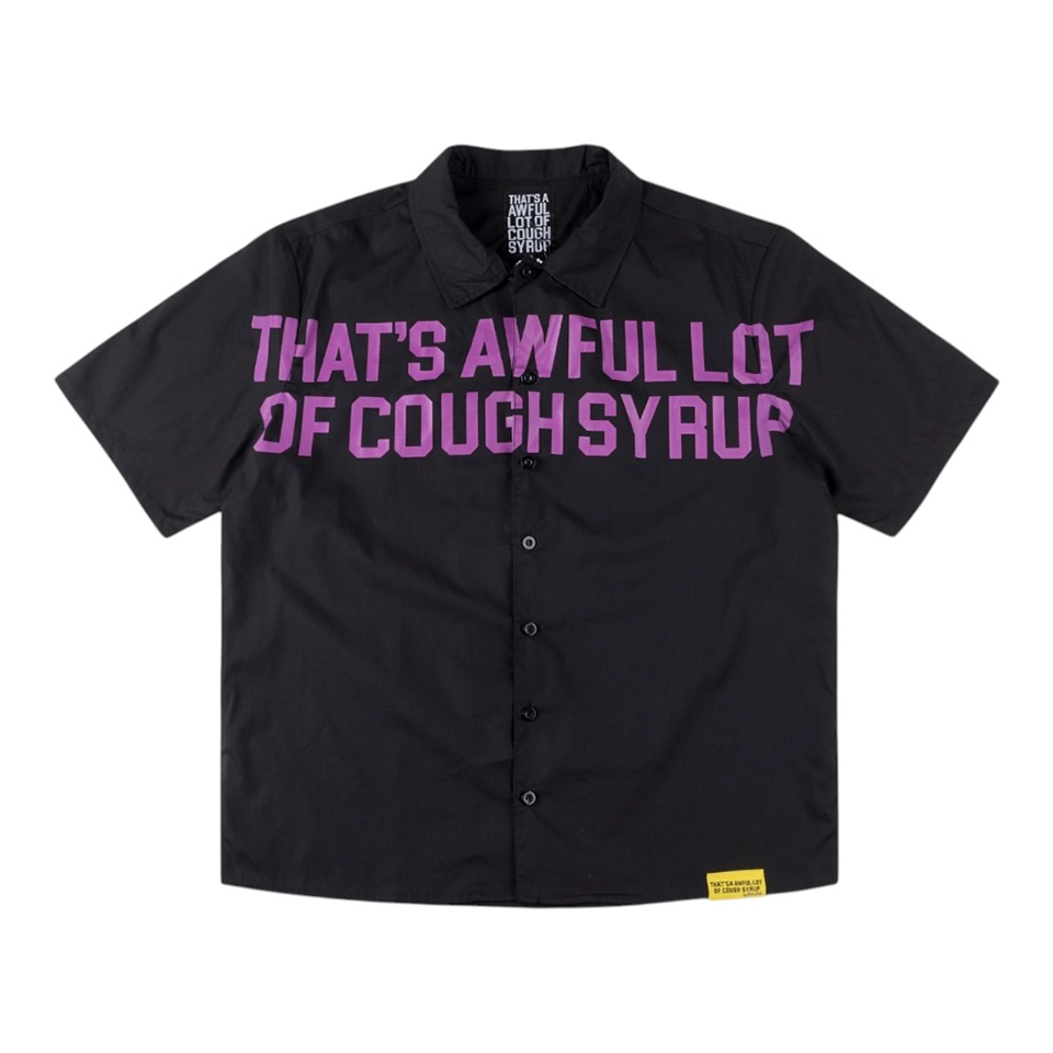 That’s A Awful Lot Of Cough Syrup Purple Text Button Up T-Shirt Black Front view
